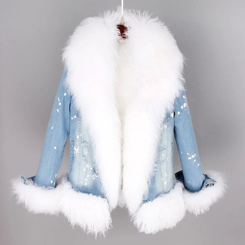 

Mao mao kong Natural wool lined with luxurious wool fur collar denim coat winter casual warm fashion short fur jacket