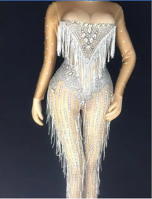 Women Stage Dance Stretch Jumpsuit Costume One-piece Fringes Big Stretch Spandex Rompers Outfit Red Crystals Tassel Jumpsuit 