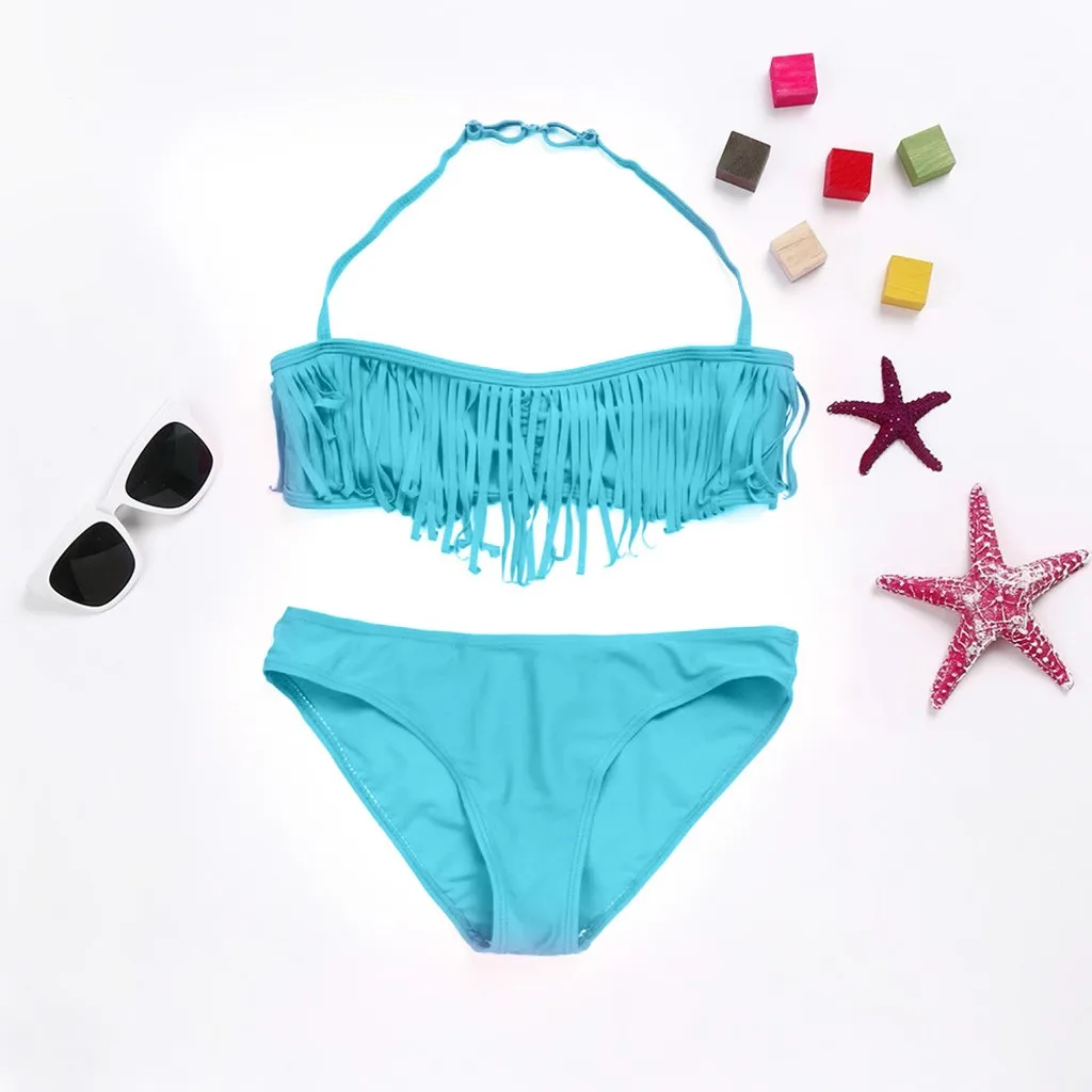 Одежда для купания для девочек новые модные детские для маленьких девочек одноцветное набор бикини кисточки купальник купальная одежда пляж купальный костюм#40