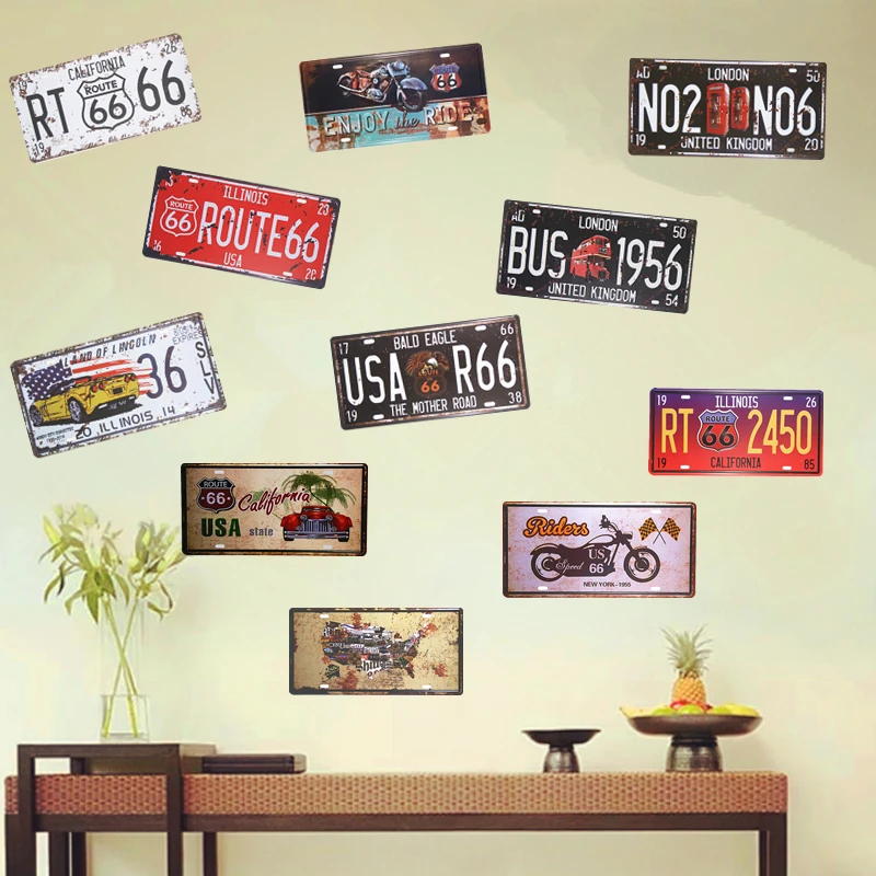 Car License Plate Vintage Tin Sign Plates Metal plaques Route 66 Car Beer Art Poster Bar Pub Garage Wall Decor