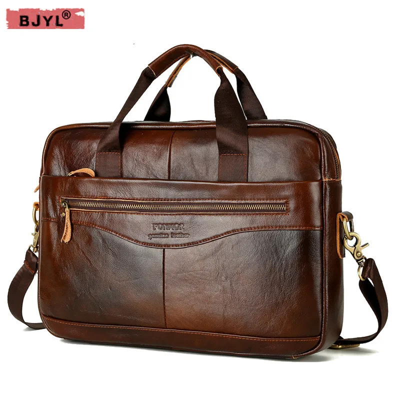 

HANSOMFY Genuine Leather men's briefcase cross-section business men handbag 14" Laptop messenger Bag Retro travel crossbody Bag