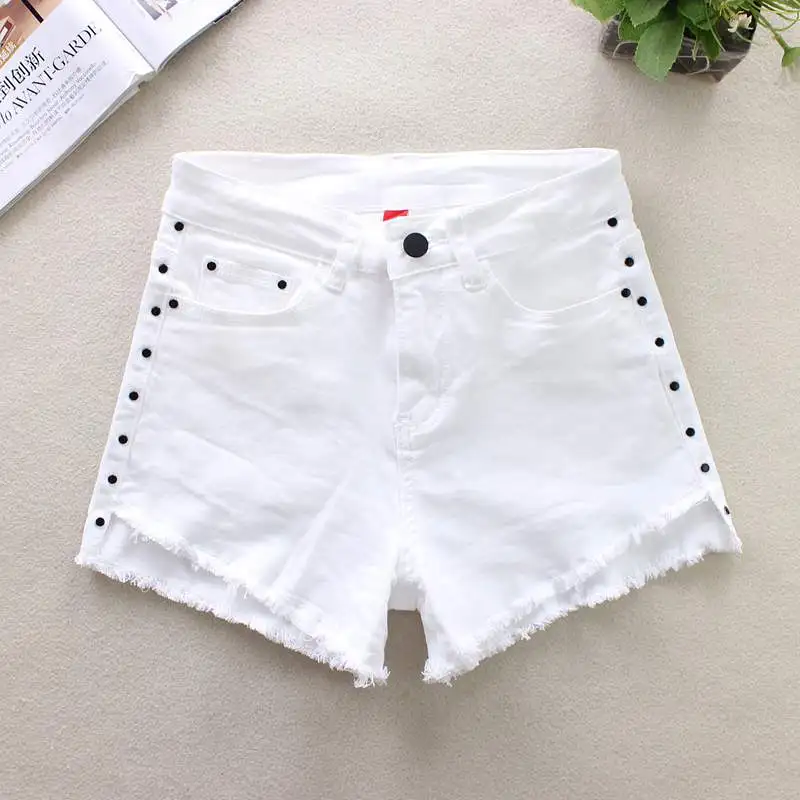 

2019 Summer White Women's Denim Shorts Irregular Hair Edge High Waist Shorts Black Nail 100% Cotton Straight Denim Shorts 825
