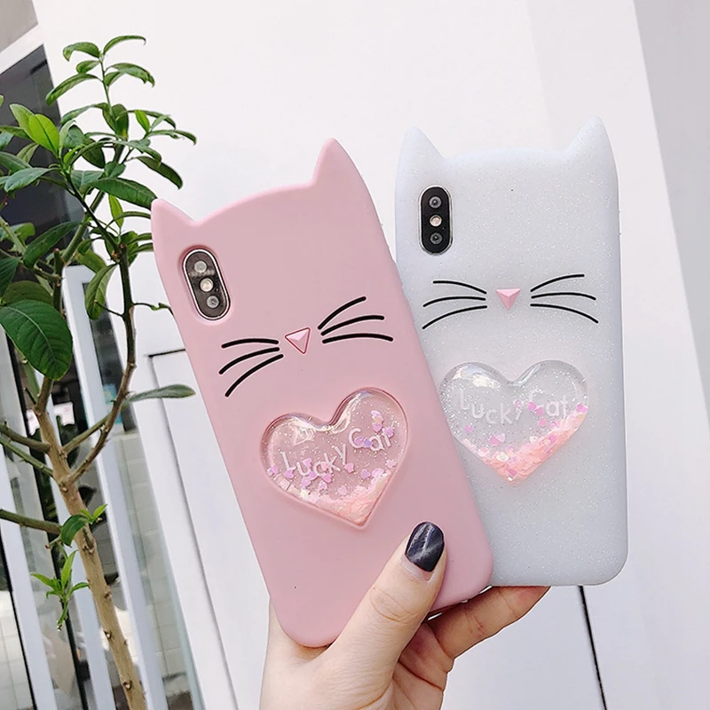 Tfshining Cute Liquid heart quicksand Phone Cases Cover For Iphone 7 8 6 6s Plus X 3D Cartoon Beard Lucky Cat Silicone Coque New (2)