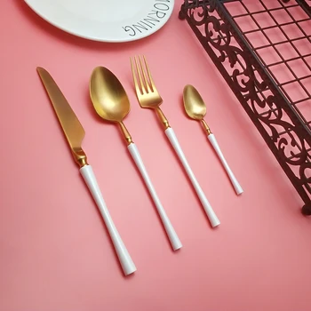 

Hot Wholesale 24pcs Small Waist Gold Dinnerware Cutlery 304 Stainless Steel Knife Fork Tablespoon Food Tableware Kitchen Set