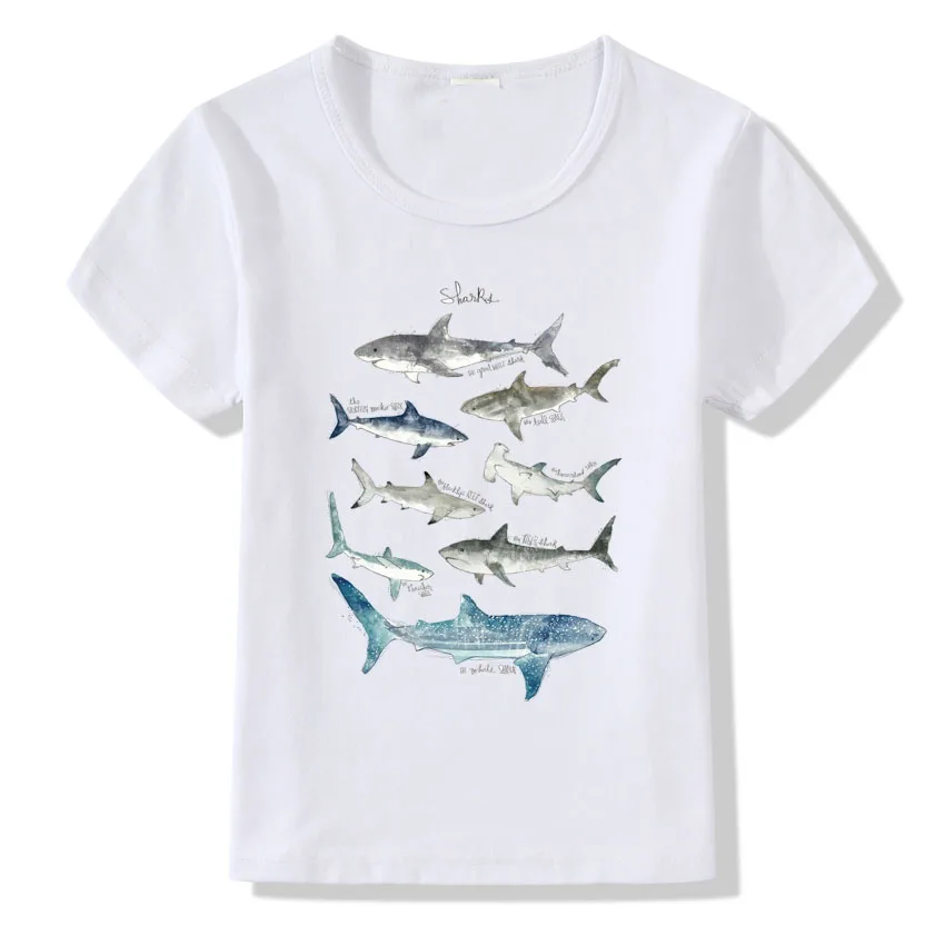 Летняя модная футболка с принтом акулы Детская футболка с короткими рукавами в стиле Харадзюку и Китом для маленьких девочек и мальчиков, летняя хлопковая Футболка с круглым вырезом