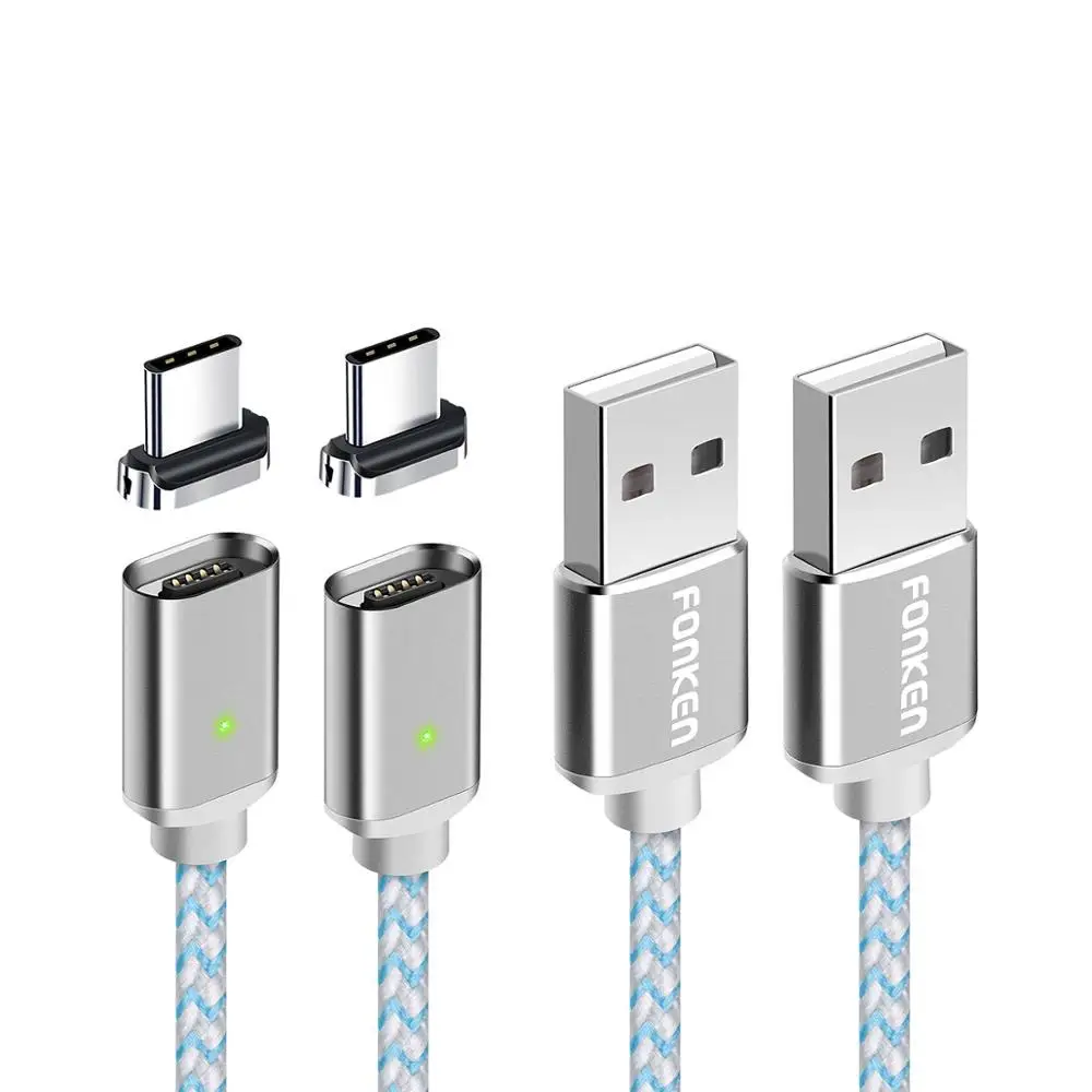 FONKEN usb type C Магнитный кабель для зарядки мобильного телефона USB-C Магнитный шнур USB зарядное устройство 3A кабель для быстрой зарядки 1 м 2 м провода для передачи данных - Цвет: 2 Plug 2 White Cable