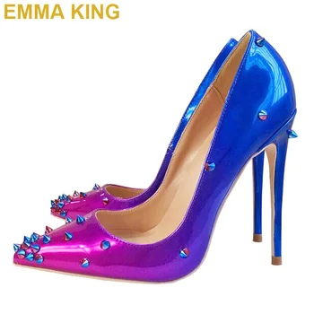 

Fashion Gradient Color Runway Shoes High Heels Rivet Studs Leather Heels Pointed Toe Sexy Women Pumps Party Night Club Heels