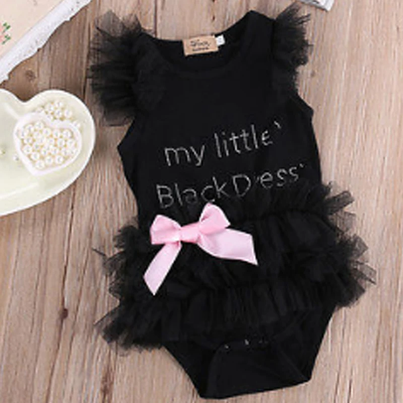 Черное мини-платье для новорожденных девочек; Летний комбинезон без рукавов с круглым воротником и кружевным тюлем с оборками и бантом; комбинезон; одежда