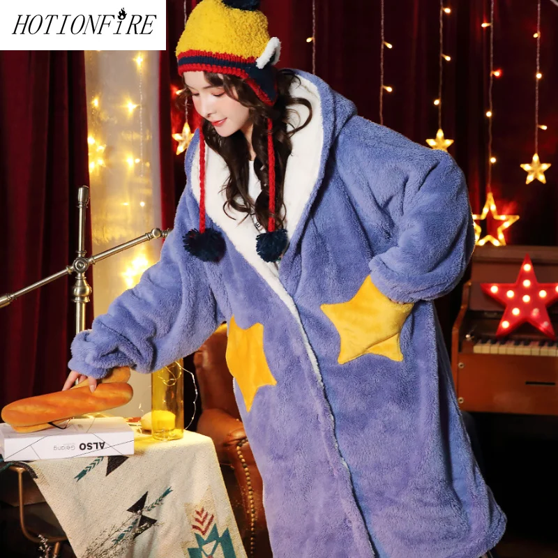 

Women Bathrobes with Hood Lovely Winter Autumn Spring Sleepwear Students Long Hotel Spa Soft Nightgown Knee-Length Lingerie Robe