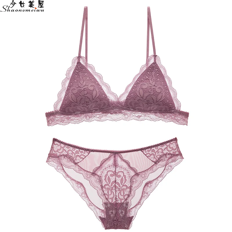 Shaonvmeiwu مثير الدانتيل الملابس الداخلية ، الفتيات غرفة من الجمال ، رقيقة الثلاثي كوب bralette البرازيلي مجموعة دون الصلب الدائري