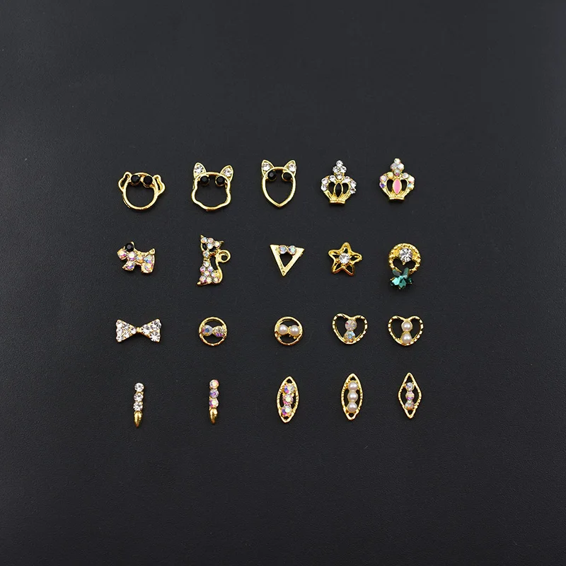 

10Pcs Japan Korea Golden 3D Nail Art Decorations Star Heart Diamond Crystal AB Glitter Rhinestones Hollow Metal Studs Accessory