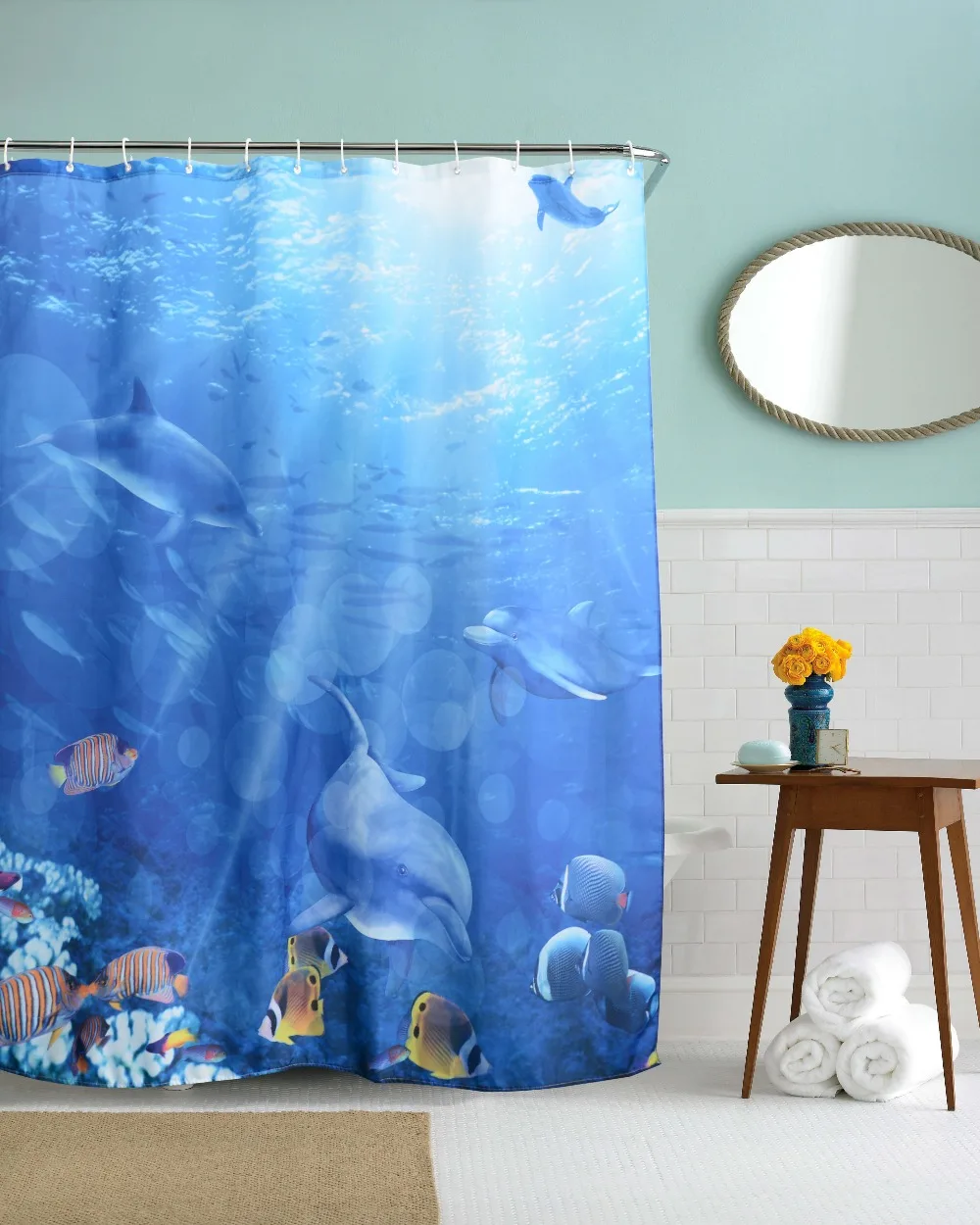 Blue Ocean Dolphin Bathroom Shower Curtains Waterproof Polyester