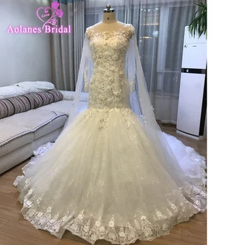 

2019 New Luxury Abiye Mermaid Wedding Dresse Lace Bridal Gowns With Long Cape 3d Flowers Beaded Crystal Dubai Wedding Dresses