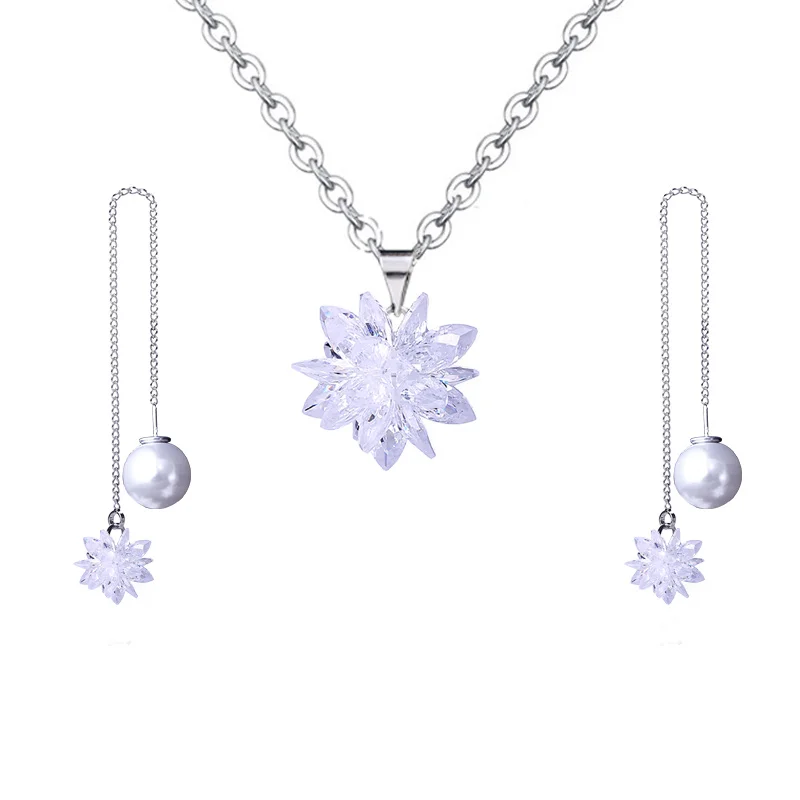 Manxiuni наборы ювелирных изделий Ледяной цветок кулон ожерелье Комплект сережек для женщин костюм Ювелирные наборы Свадебные украшения - Окраска металла: Long White