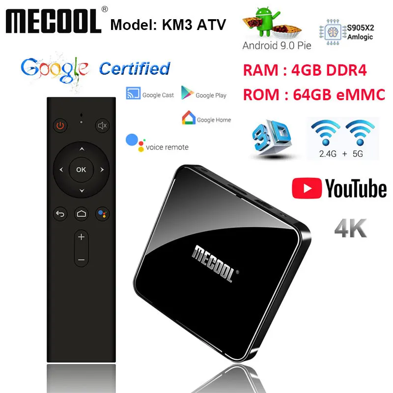 

MECOOL KM3 Android 9.0 4GB 64GB Smart TV Box Support 2.4/5G wifi 4K H.265 Google certified voice control Set top box 4gb 64gb