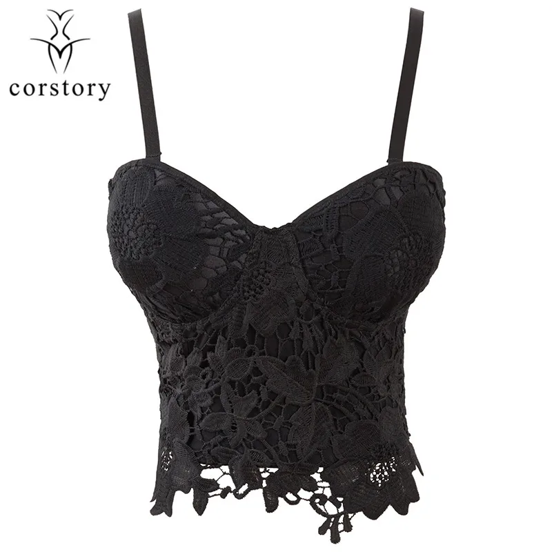 

Corstory Black / White Floral Cotton Lace Push Up Bralette Women Sexy Vest Corset Elegant Bustier Bra Night Club Party Crop Top