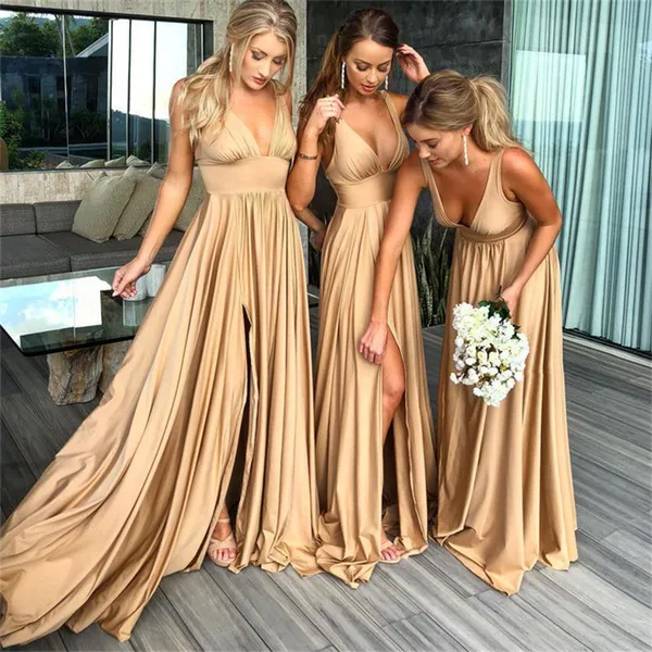 Летние платья подружки невесты цвета шампань 2018 сексуальные v-образный вырез А-силуэта длинные платья горничной с разрезом официальные