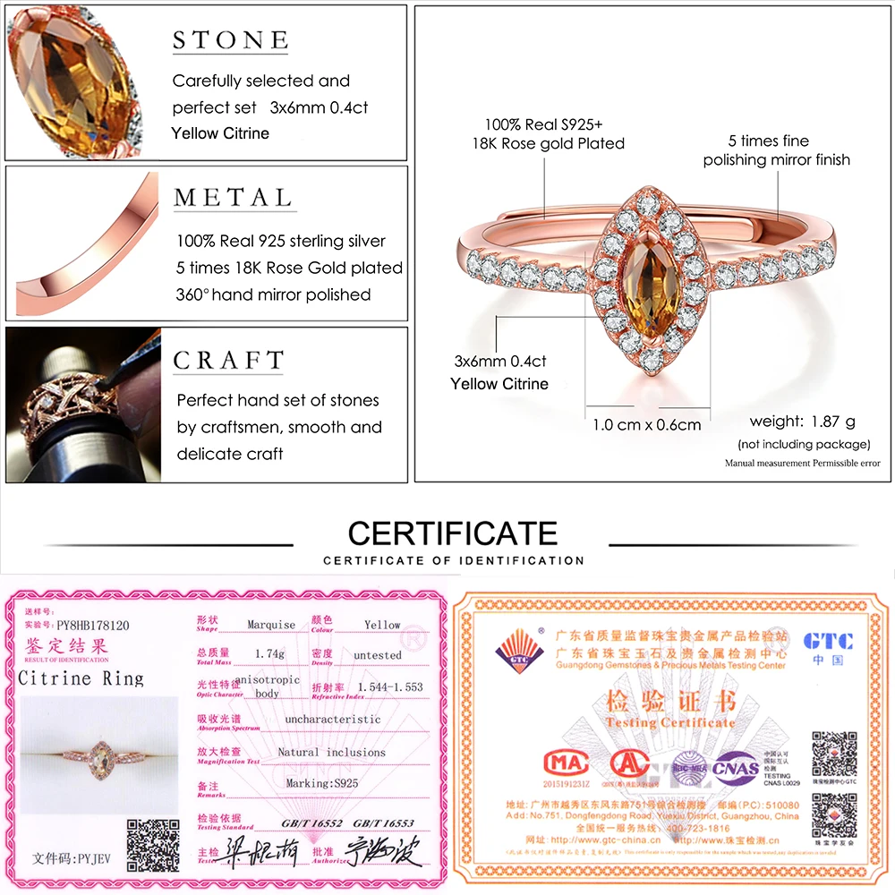 LAMOON Horse Eye Shape Natural Citrine 925 Sterling Silver Jewelry Wedding Ring with S925 For Women LMRI004