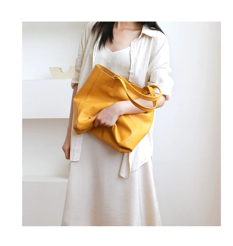 Women Luxury Bag Casual Tote Female Lemon Yellow Fashion Shoulder Handbag Lady Cowhide Genuine Leather Shoulder Shopping Bag