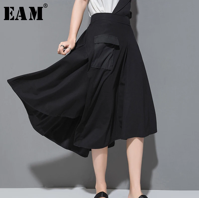 

[EAM] 2019 New Spring Summer High Elastic Waist Black Irregular Pocket Split Joint Half-body Skirt Women Fashion Tide JU062