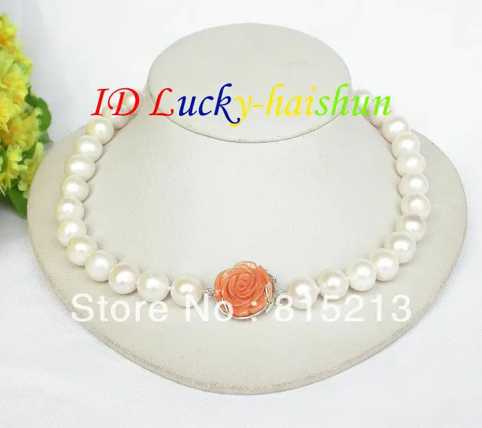 

ddh001525 natural 18" 14mm round white pearls necklace 925 silver coral clasp