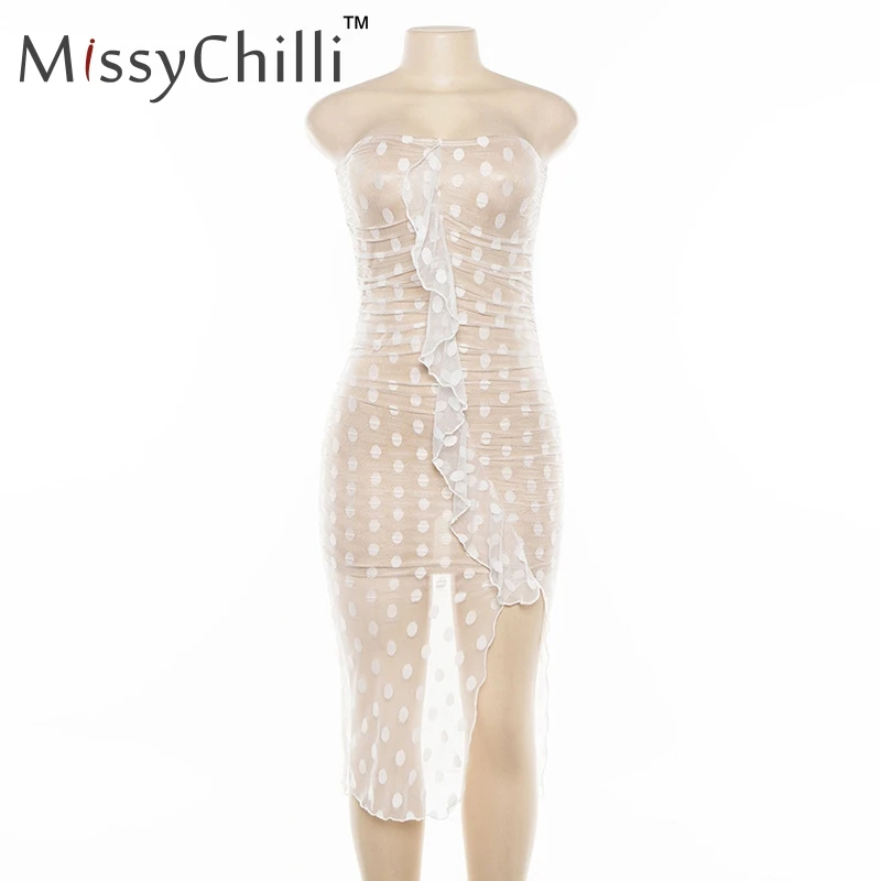 MissyChilli элегантное Кружевное облегающее платье в горошек, женское Сетчатое Клубное платье с открытыми плечами и разрезом, женское сексуальное Повседневное платье с оборками, вечерние платья - Цвет: Белый