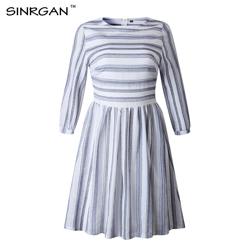 SINRGAN Хлопок в полоску шорты мини-платье лето с половиной рукавов А линия элегантные женские платья женские женские - Цвет: gray