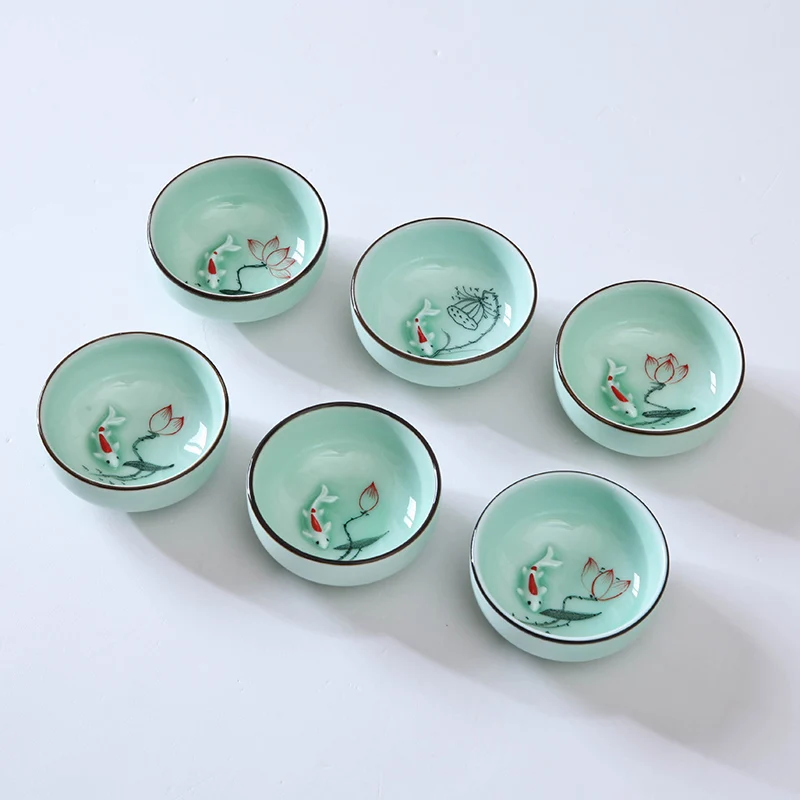 

6pcs/lot Chinese longquan celadon porcelain tea cup handpainted flower lotus fish relief kungfu tea cups ceramic cup of tea new