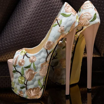 

Plus Size 41-47 Ethnic Style Wedding Party Embroidered Peep Toe Shoes Summer Women Thin High Heels Flower Platform Pumps 1126-2