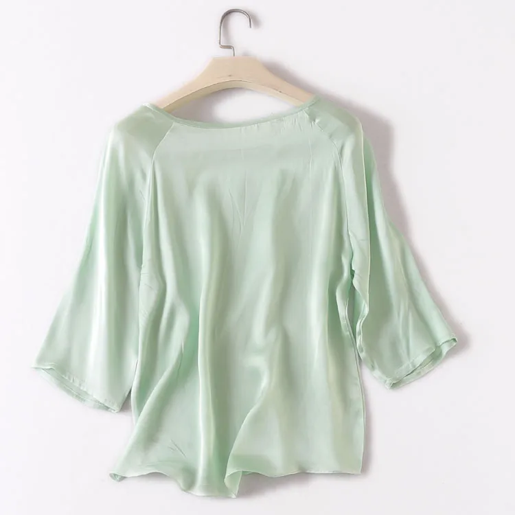 

Summer Female Silk Blouse 100% Natural Silk Tops and Blouses Women's elegant O neck three Quarte Sleeve Silk Work office Blusas