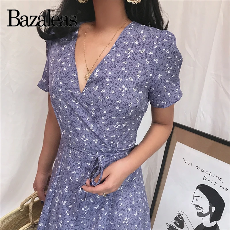

Bazaleas 2018 Purple Floral Print Short Sleeve Beach Dress Sexy Deep V neck Women Summer dress Casual Split vestidos