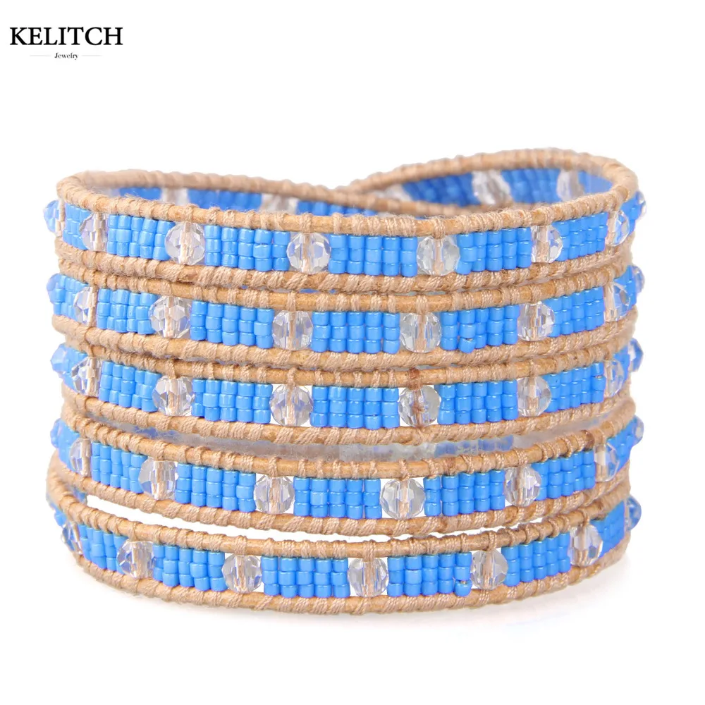 

KELITCH Jewelry 1Pcs Imported Light Blue Seed Beads with Transparent White Crystal Yellow Leather Chain 5 Wrap Women Bracelets