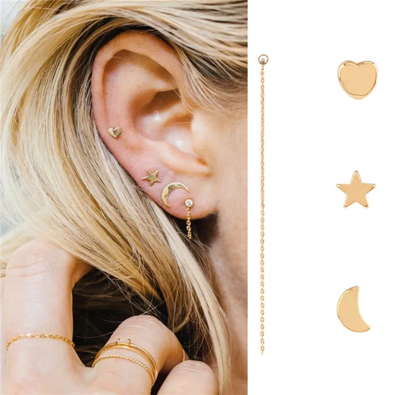 

Fashion Rose Gold Color Earrings Set Star Moon Heart Stud Earrings For Women Anti-allergy Earrings Girl Party Gifts Accessories