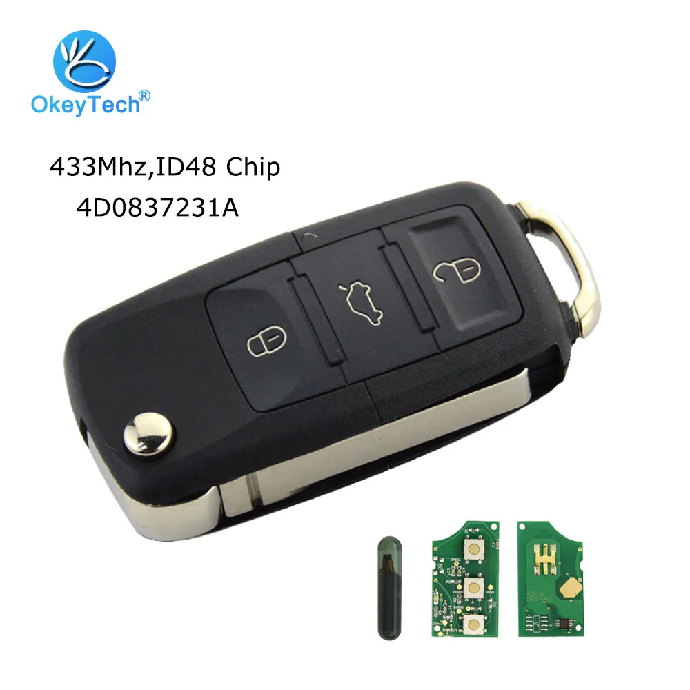 3 BUTTONS FLIP KEY FOB WITH BLANK BLADE 433MHZ ID48 FOR AUDI A3 A4 A6 4D0837231A 