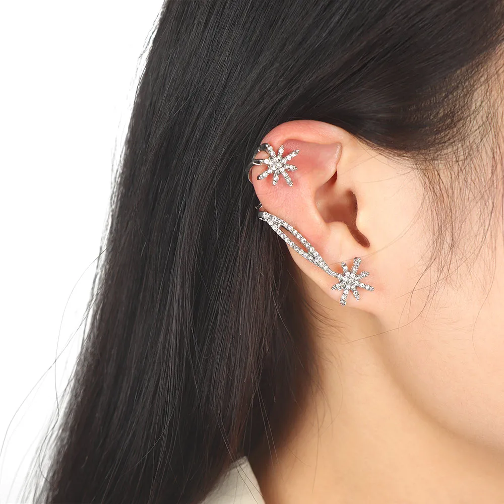 

New Personality Shiny Rhinestone Snowflake Asymmetric Earrings Ear Clip Ear Hook Oorbellen Voor Vrouwen Ear Cuff