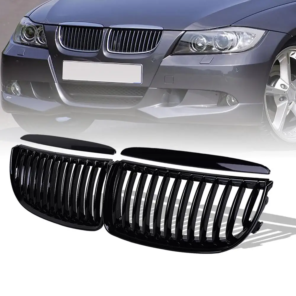 runmade for BMW 2005 2006 2007 2008 E90 3-Series Pre-Facelift Front Bumper Kidney Grille Grill Glossy Black Pair Single Line