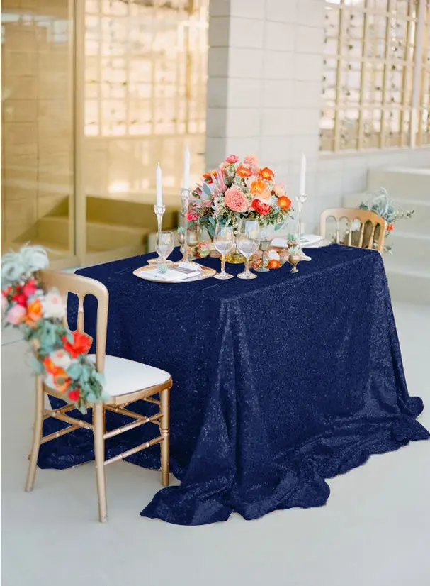 الراقية! 50x72in البحرية الأزرق الترتر القماش ، الجدول الكتان ، سباركلي الترتر غطاء الطاولة للحزب/عرس-ay