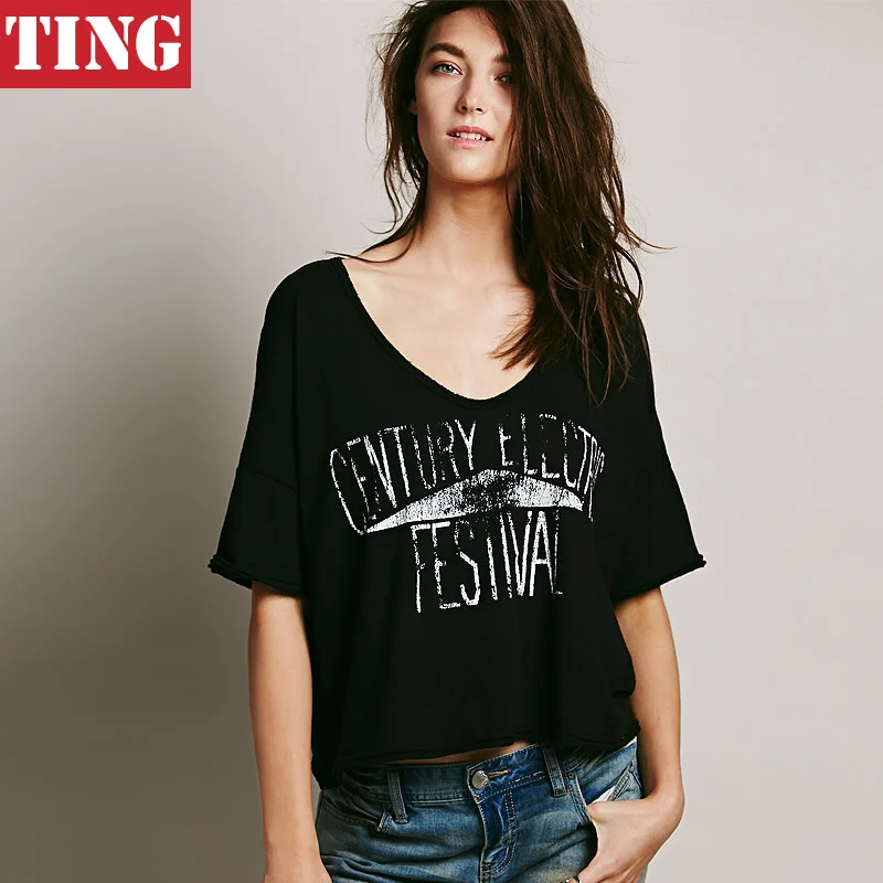 Black Vintage Retro Letter Print Women Crop Top T shirt Plus big Size
