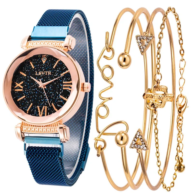 5 шт. в наборе, распродажа, женские часы, звездное небо, платье, браслет, браслет из нержавеющей стали, женские наручные часы, Модный Топ бренд, часы relogio - Цвет: Blue