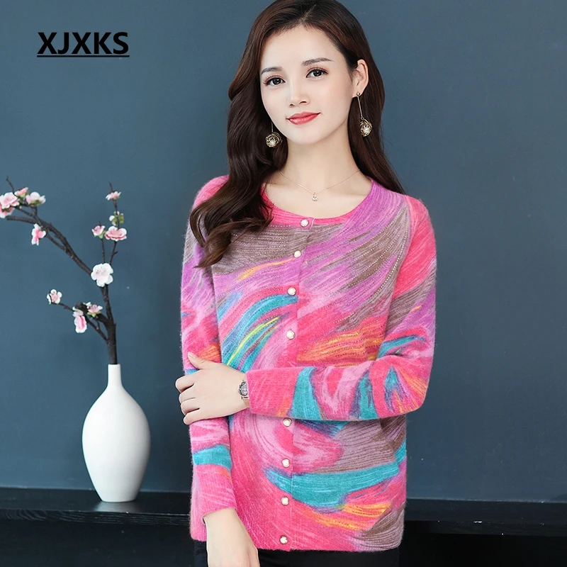 

XJXKS 2019 New Autumn New Young Women Plus Size Sweater Cardigan High Quality Printing Ladies Elasticity Sweater Cardigans