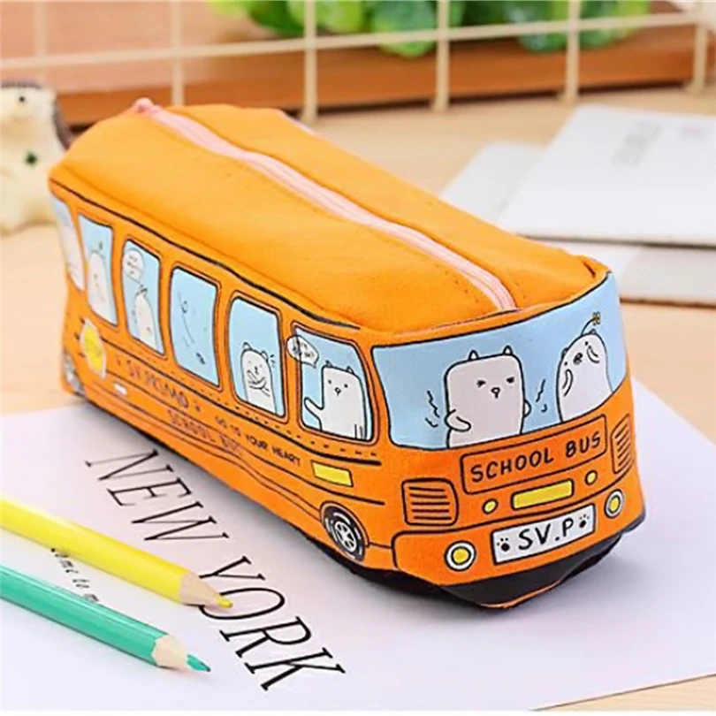 Students Kids pencil pen Storage Bag Cats School Bus Canvas pencil case bag office stationery bag office table organizer JJ20