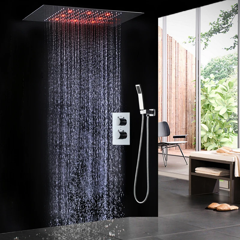 Goedkoop LED Bad Set Douche Plafond Grote Regen Massage Douchekop Kranen RGB Kleur Auto change Thermostatische Douchekop