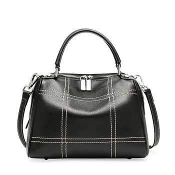 

2018 Thread Plaid Design Women Boston Bag Genuine Cowhide Leather Women's Handbag Classical Doctor Bag Black Shoulder Bag 2 Size