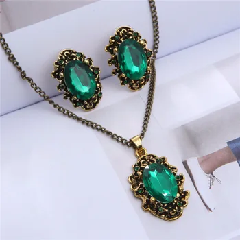 

2019 Royal blue green william kate wedding jewelry set bridal Crystal vintage bronze plated fashion girl Necklace Earrings 1105