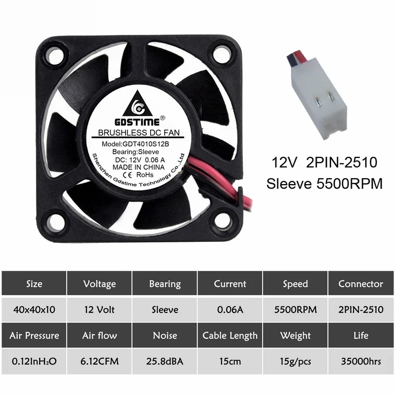 2 шт. Gdstime DC 24 в 12 В 5 в 40 мм x 40 мм x 10 мм 2-контактный шарикоподшипник для компьютера PC Корпус Вентилятор охлаждения 4010 - Цвет лезвия: 12V 2510 5500RPM