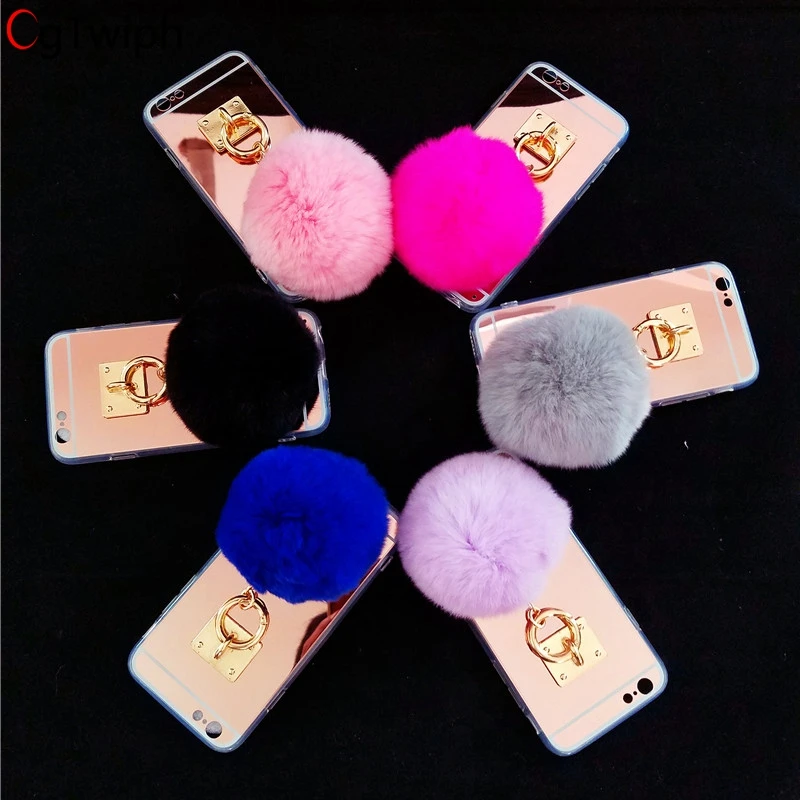 

Luxury Fur Ball Mirror Case For Apple IphoneXSmax XS XR X Coque Soft Silica Gel Back Cover For Iphone 8 8 7 6 6S Plus 5 5S Case