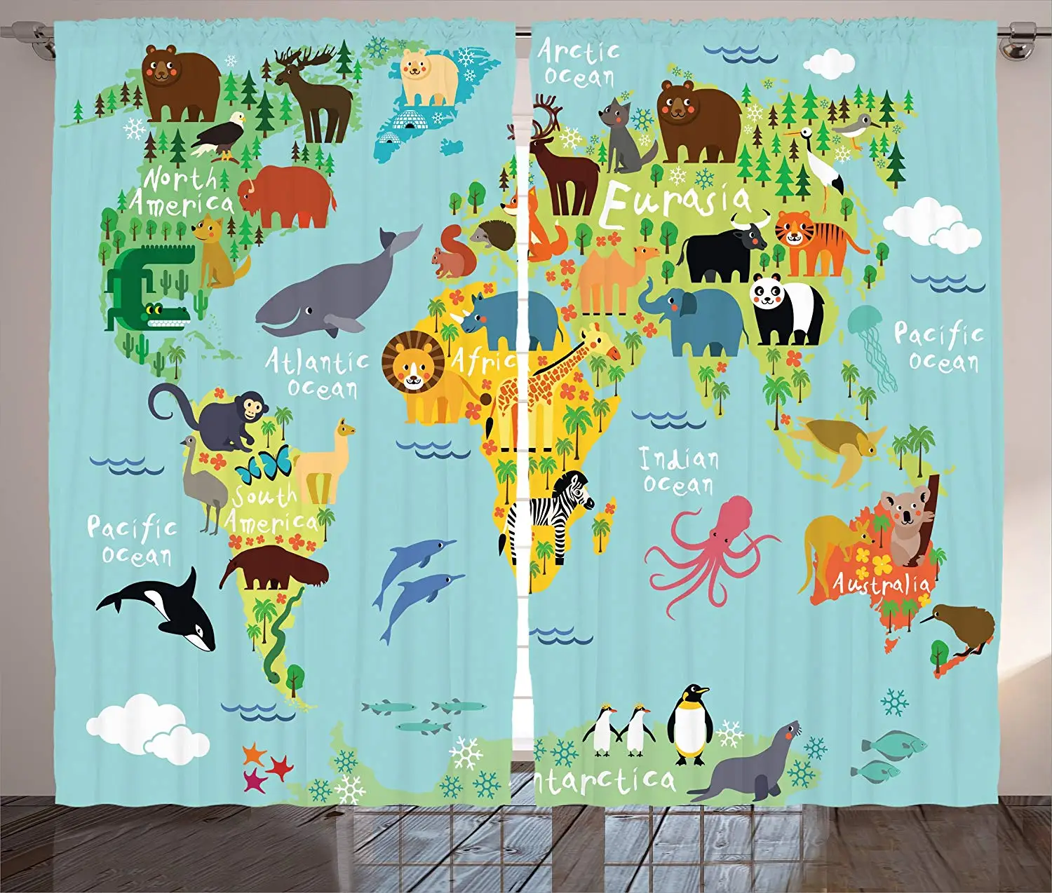 

Wanderlust Decor Curtains Animal Map of The World for Children and Kids Cartoon Mountains Forests Living Room Bedroom Decor 2