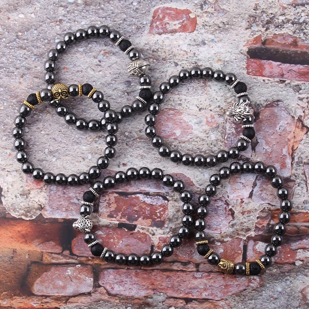 Натуральный камень гематит Лава черный бисер золотой волк пантера Корона Спарта браслет для женщин мужчин браслеты ювелирные изделия