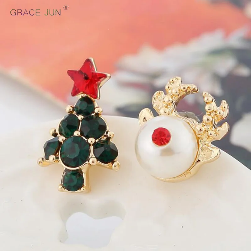 

GRACE JUN New Clip on Earrings No Pierced for Women Rhinestone Faux Pearl Christmas Elk Tree Ear Cuff Earrings Brincos Wholesale