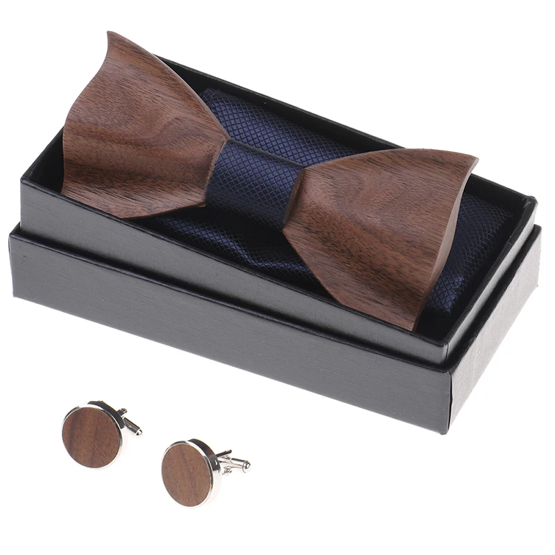 1 компл.. деревянный галстук Карманный Прямоугольные Запонки деревянный галстук-бабочка Свадебный модный деревянный бант комплект